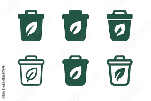 Biodegradable Logo Set. Biodegradable materials. Icon set. Set Logo of biodegradable materials: recycling bin with leaf. harmonious logo variations of the same