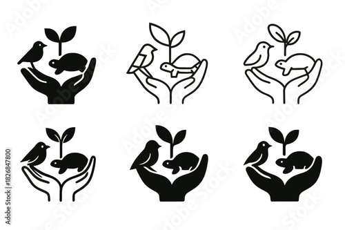 Biodiversity Conservation Logos. biodiversity conservation. Icon set. Set Logo of biodiversity conservation: hands protecting plants and animals. harmonious