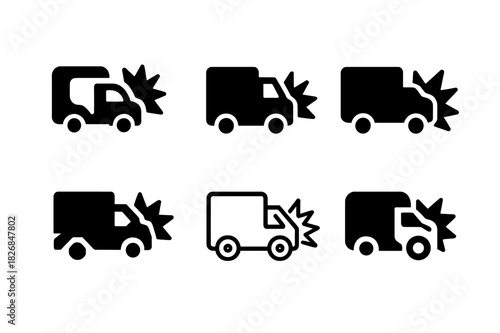 Damaged Vehicles Icons. damaged vehicles. Icon set. Set Logo of damaged vehicles: crushed truck icon. harmonious logo variations of the same emblematic