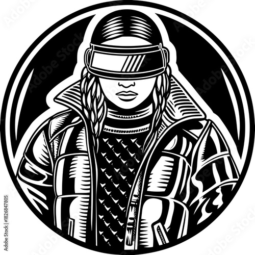 Stylized futuristic woman wearing goggles and puffer jacket