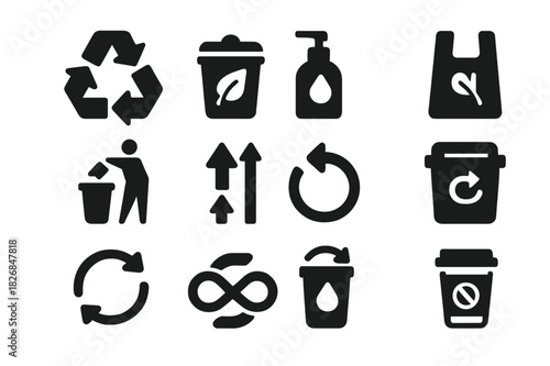 Recycling Icons Set. Recycling and reuse. Solid icon set of Recycling and reuse: recycle symbol, compost bin, refill bottle, reusable bag, bottle