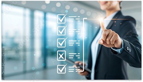 Businesswoman completing digital checklist on virtual screen  