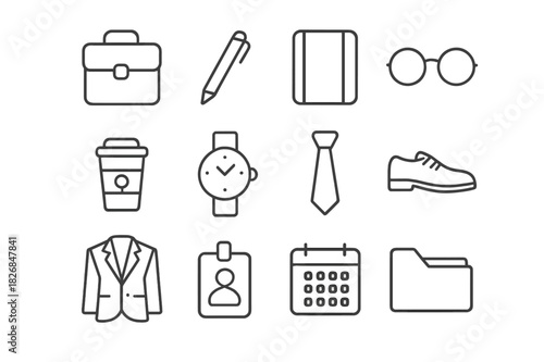 Office Essentials Icons. Office essentials. Line icon set of office essentials: laptop bag, pen, notebook, glasses, coffee cup, wristwatch, tie, shoes, blazer,