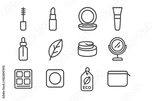 Natural Makeup Icons. Natural makeup. Line icon set of natural makeup: mascara wand, lipstick, blush compact, bamboo brush, glass bottle, leaf, cream jar,