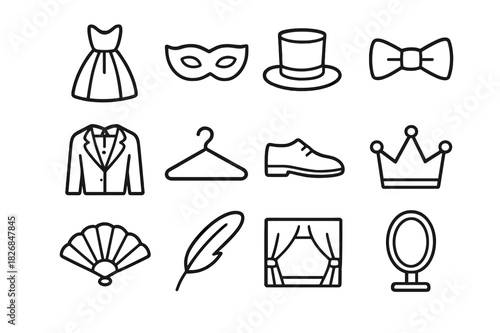 Theatrical Costume Icons. Theatrical costume. Line icon set of theatrical costume: gown, mask, hat, bow tie, tuxedo, hanger, shoes, crown, fan, feather, stage,