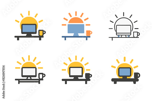Work-Life Balance Icons. Preventing Burnout and Work-Life Balance. Icon set. Set Logo of Preventing Burnout and Work-Life Balance: sunrise behind