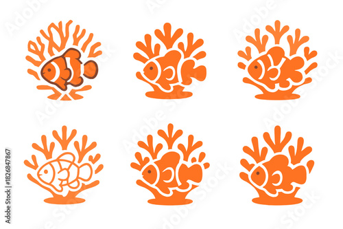 Coral Reef Logos. Coral reefs and marine life ecosystems. Icon set. Set Logo of coral reefs: clownfish and anemone. harmonious logo variations of the same