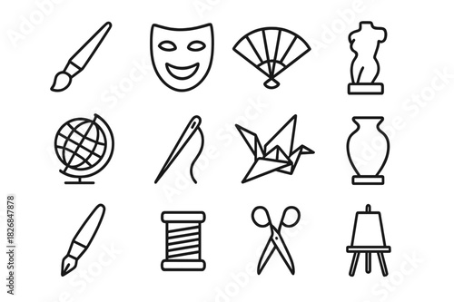 Arts and Crafts Icons. Arts and crafts exchange. Line icon set of arts and crafts exchange: paintbrush, mask, fan, sculpture, globe, needle, origami, pottery,