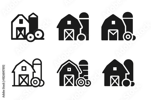 Barn Logo Variations. barn and silo. Icon set. Set Logo of barn and silo: barn with silo and hay bales. harmonious logo variations of the same emblematic