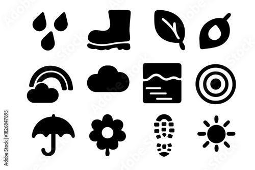 Post-Rain Icons Collection. After the rain. Solid icon set of after the rain: raindrops, puddle, muddy boot, wet leaf, rainbow, cloud, reflection, water