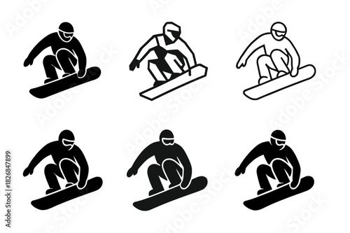 Snowboarding Logo Variations. snowboarding. Icon set. Set Logo of snowboarding: snowboarder performing grab trick. harmonious logo variations of the same