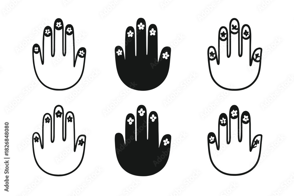 Obraz premium Floral Nail Art. pressed flowers manicure. Icon set. Set Logo of pressed flowers manicure: hand with floral nails. harmonious logo variations of the same