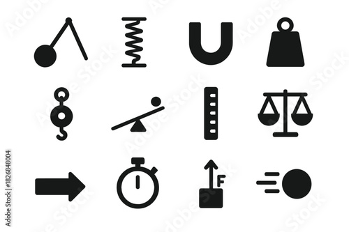 Physics Experiments Icons. Physics experiments. Solid icon set of Physics experiments: pendulum, spring, magnet, weight, pulley, lever, measurement icon,