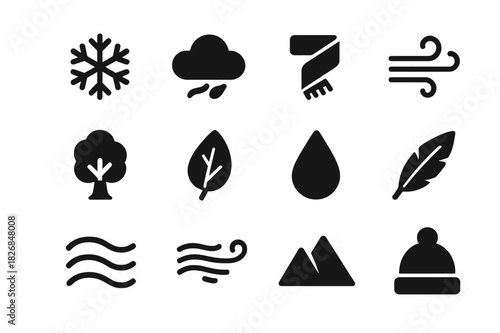 Cool Wind Icons. Cool wind. Solid icon set of cool wind: snowflake, cloud, scarf, swirl, tree, leaf, droplet, feather, wave, gust line, mountain, hat. Filled