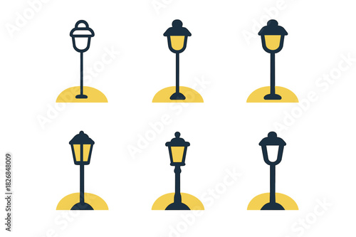 Streetlight Logo Variations. Streetlights at night. Icon set. Set Logo of streetlights: single lamppost casting glow. harmonious logo variations of the same