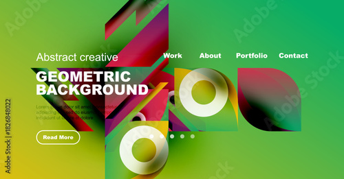 Vibrant geometric background design. Features colorful shapes, text elements, navigation menu, button. Modern aesthetic, gradient colors present.
