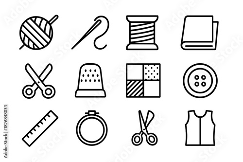 Textile Craft Icons. Textile crafts. Line icon set of textile crafts: yarn ball, needle, thread, spool, fabric, scissors, thimble, patchwork, button, ruler,