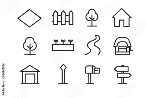 Plot Planning Icons. Plot planning. Line icon set of Plot planning: land parcel, fence, house outline, tree, garden bed, pathway, driveway, shed, boundary