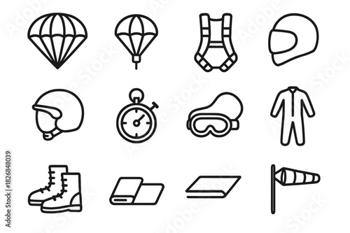 Parachute Gear Icons. Parachute equipment. Line icon set of Parachute equipment: main chute, reserve chute, harness, helmet, altimeter, ripcord, goggles,