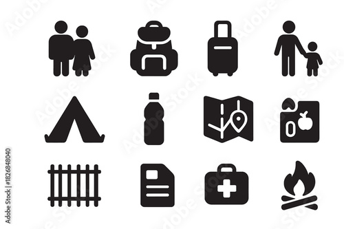 Refugee Journey Icons. Refugee journey. Solid icon set of Refugee journey: family, backpack, suitcase, child holding hand, tent, water bottle, food rations,