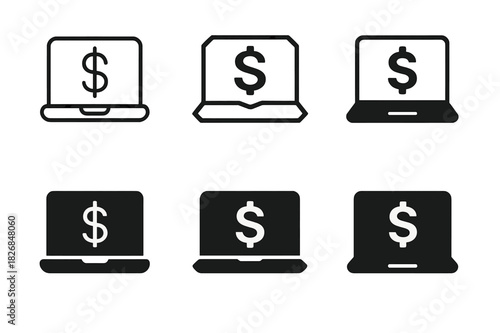 Crowdfunding Logo Variations. Crowdfunding for Startups. Icon set. Set Logo of Crowdfunding for Startups: Laptop with Dollar Sign. harmonious logo variations