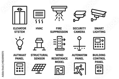 Skyscraper Tech Icons. Construction process. Line icon set of Construction process: crane, cement truck, scaffolding, steel beams, hard hat, safety vest,