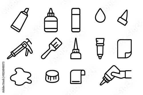 Glue Supplies Icons. Glue supplies. Line icon set of Glue supplies: glue tube, adhesive bottle, glue stick, glue drop, caulking gun, glue brush, nozzle tip,