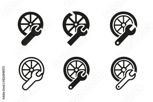 Bicycle Repair Icons. Fixing a bicycle. Icon set. Set Logo of fixing a bicycle: Wrench and bicycle wheel. harmonious logo variations of the same emblematic
