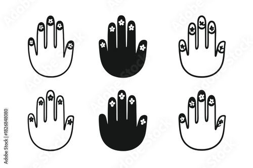 Floral Nail Art. pressed flowers manicure. Icon set. Set Logo of pressed flowers manicure: hand with floral nails. harmonious logo variations of the same