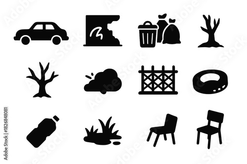 Wasteland Icon Set. Wasteland scene. Solid icon set of Wasteland scene: abandoned car, broken wall, trash, rubble, dead tree, graffiti, rusted fence, tire,