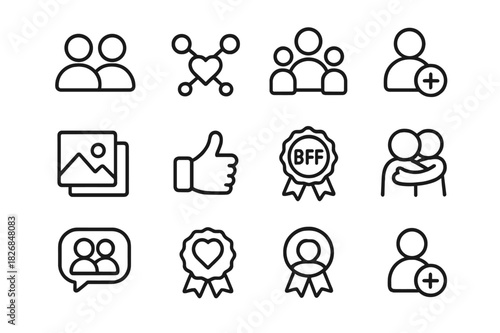 Online Friendship Icons. Friendship online. Line icon set of friendship online: people icon, heart with connection, mutual friends, friend request icon, shared