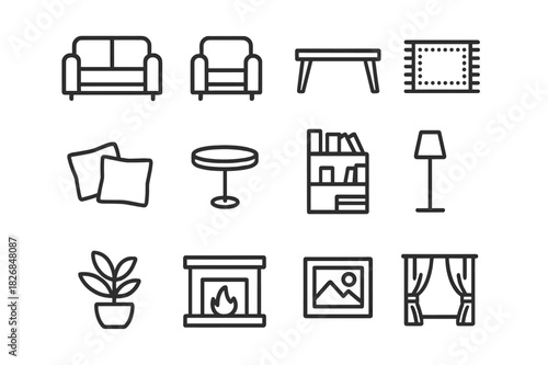 Family Room Icons. Family Room. Line icon set of Family Room: sofa, armchair, coffee table, rug, cushions, side table, bookshelf, floor lamp, potted plant,