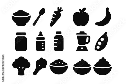 Infant Nutrition Icons. Infant diet. Solid icon set of Infant diet: baby bowl, spoon, carrot, apple, banana, jar, bottle, blender, peas, broccoli, oatmeal,