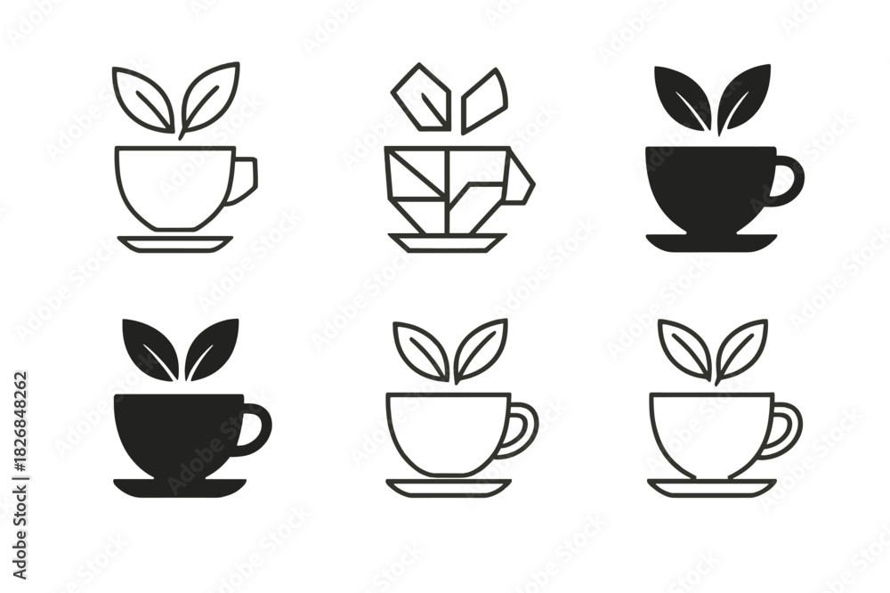 Fototapeta premium Nature Wellness Icons. Nature-based wellness tourism. Icon set. Set Logo of wellness tourism: herbal tea and leaves. harmonious logo variations of the same