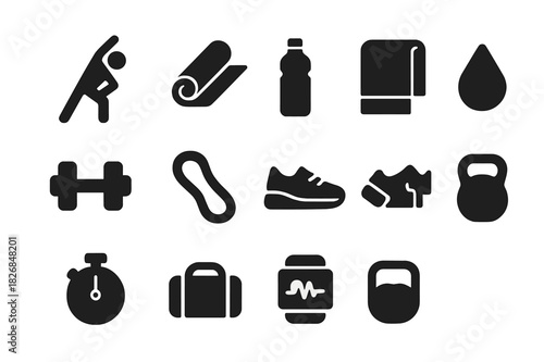 Post-Workout Essentials. Post-workout stretching. Solid icon set of Post-workout stretching: person stretching, yoga mat, water bottle, towel, dumbbell,