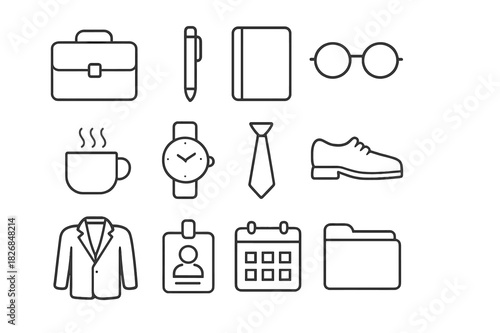 Office Essentials Icons. Office essentials. Line icon set of office essentials: laptop bag, pen, notebook, glasses, coffee cup, wristwatch, tie, shoes, blazer,