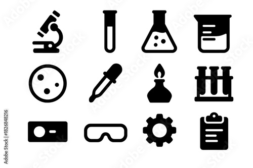 Laboratory Icon Set. Laboratory Equipment. Solid icon set of Laboratory Equipment: microscope, test tube, flask, beaker, petri dish, dropper, burner, tube