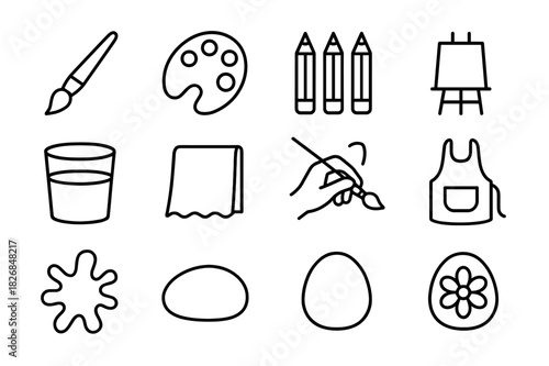 Creative Painting Icons. Creative painting tools. Line icon set of Creative painting tools: paintbrush, palette, paint tubes, colored pencils, easel, water