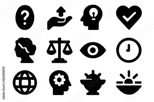 Philosophical Icon Set. Philosophical themes. Solid icon set of Philosophical themes: existence, free will, knowledge, morality, beauty, truth, consciousness,