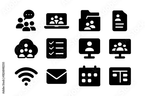Remote Work Icons. Remote teamwork. Solid icon set of remote teamwork: group chat, laptop screen, shared folder, document, cloud icon, checklist, video call,