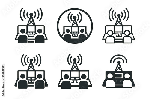TV Control Logo Variations. TV control room and technicians. Icon set. Set Logo of TV control room and technicians: broadcast signal tower. harmonious logo