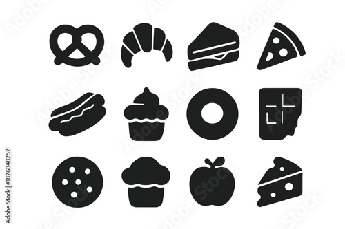 Snack Icon Grid. Snack foods. Solid icon set of Snack foods: pretzel, croissant, sandwich, pizza slice, hot dog, cupcake, donut, chocolate bar, cookie, muffin,