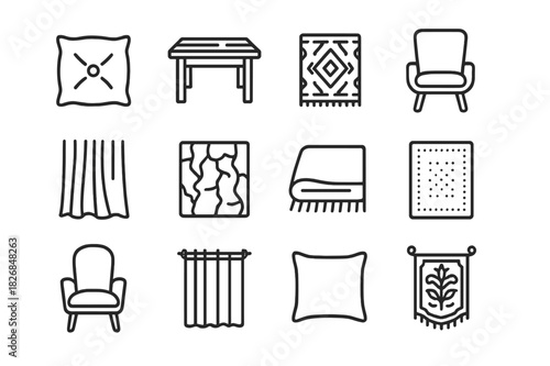 Dark Texture Icons. Dark Textures. Line icon set of Dark Textures: velvet cushion, dark wood table, rug pattern, leather chair, drapery folds, textured wall,
