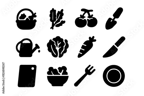 Garden-to-Table Icons. Garden-to-table. Solid icon set of Garden-to-table: vegetable basket, herbs, ripe tomatoes, garden trowel, watering can, fresh lettuce,