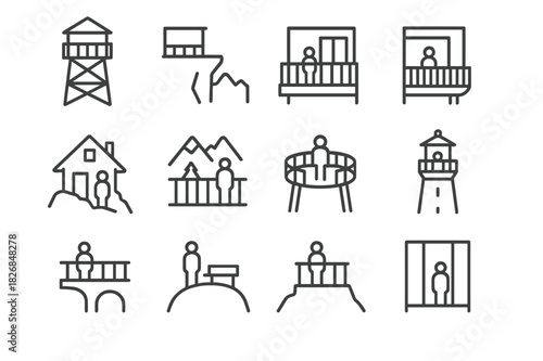 Observation Point Icons. Observation points. Line icon set of observation points: lookout tower, cliff platform, rooftop terrace, balcony edge, mountain hut,