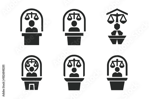 Courtroom Emblem Variations. Courtroom scene with defendant. Icon set. Set Logo of courtroom: symbol of defense rights. harmonious logo variations of the same