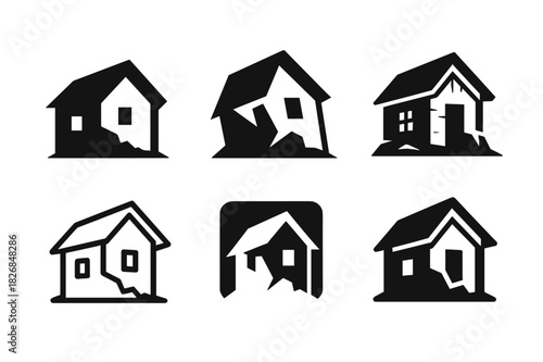 Abandoned House Logos. Dilapidated house with no sign of life. Icon set. Set Logo of abandoned home: sagging structure. harmonious logo variations of the same