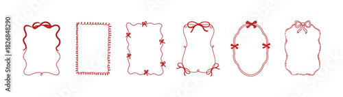 Cute decorative frames with ribbons and bows in a simple hand drawn style. Trendy vintage whimsical borders for notes, cards, planners, tags and holiday designs. Minimal line art vector set.