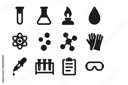Chemical Experiment Icons. Chemical experiment. Solid icon set of chemical experiment: test tube, flask, burner, droplet, bubbles, atom, molecule, gloves,