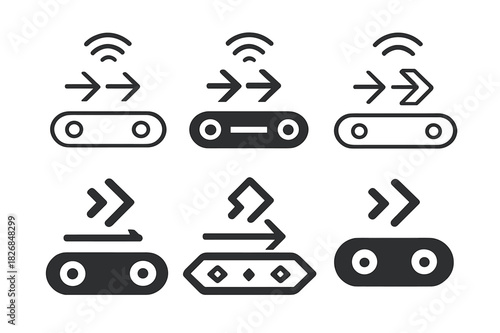 Conveyor Sensor Logos. conveyor system sensors. Icon set. Set Logo of conveyor system sensors: conveyor belt with motion arrows. harmonious logo variations of